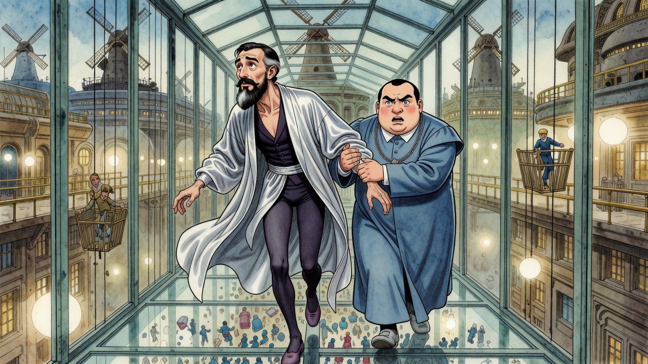 A stout official seizes the arm of a bearded man who is staring down through the glass bridge.