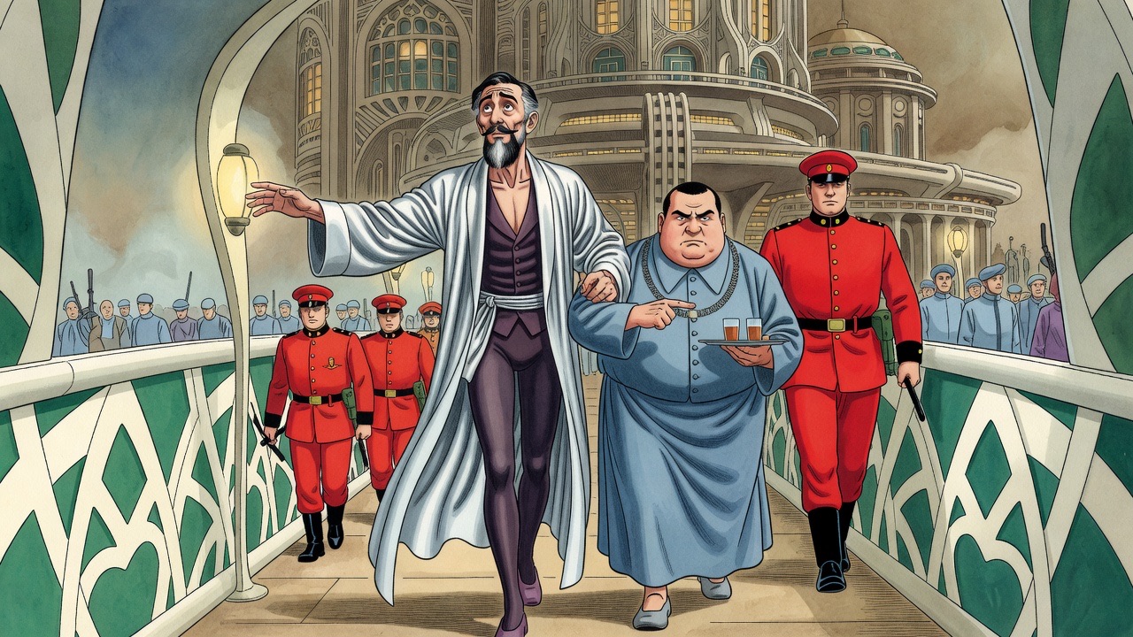 In a narrow passage patterned with geometric designs, a bearded man pulls back while an official grips his arm and red guards close in.