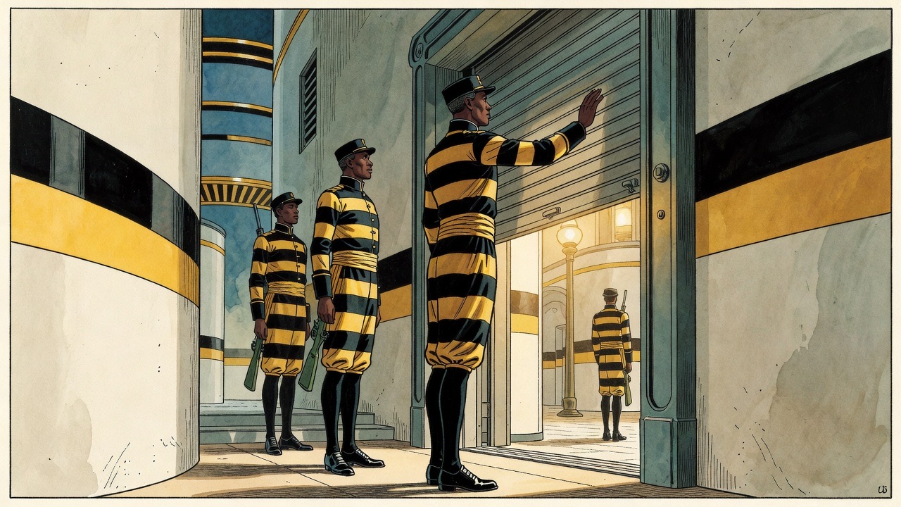 A dignified Black attendant in black-and-yellow livery throws up a sliding shutter in the wall.