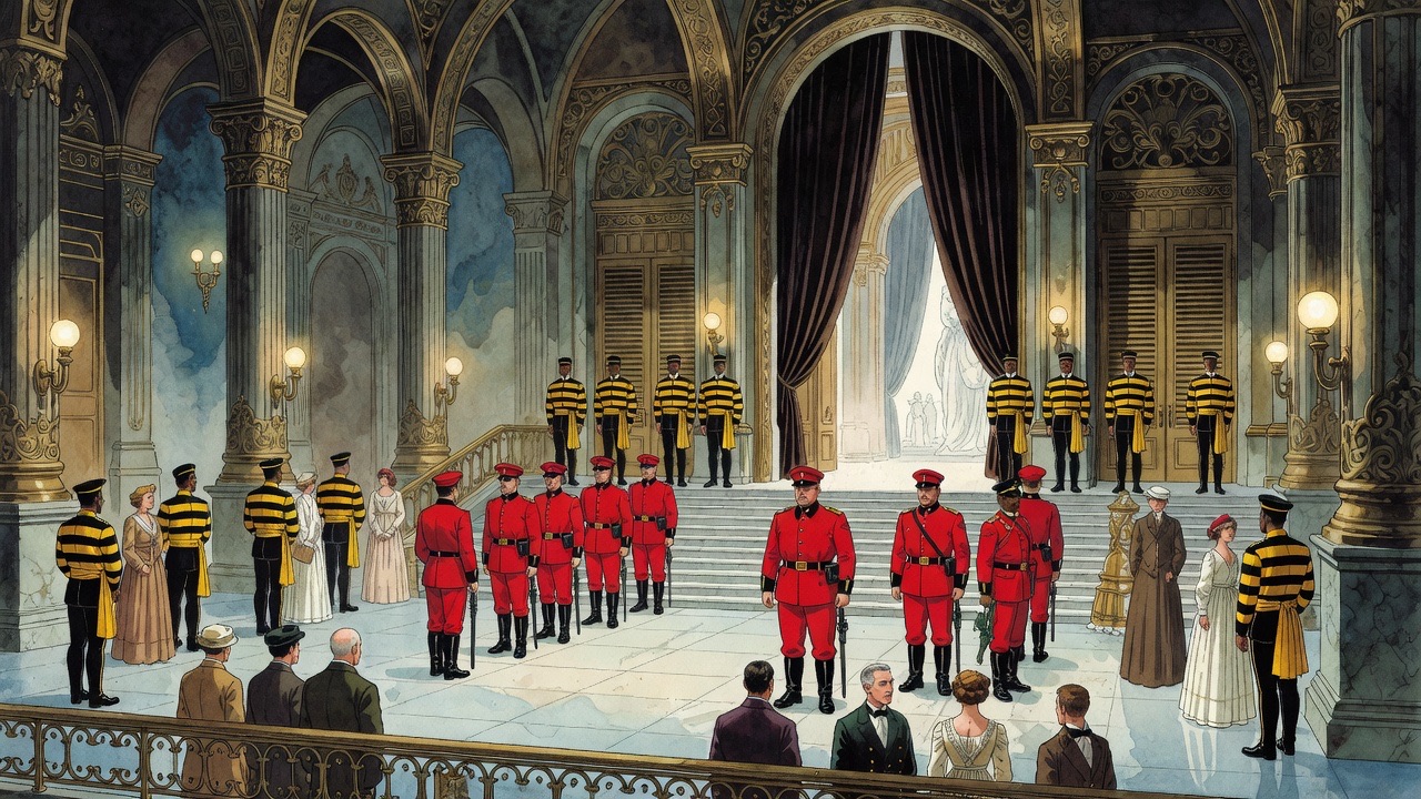 From a high gallery, a view of a great ante-room with people below and a curtained doorway guarded by men in red and in black and yellow.