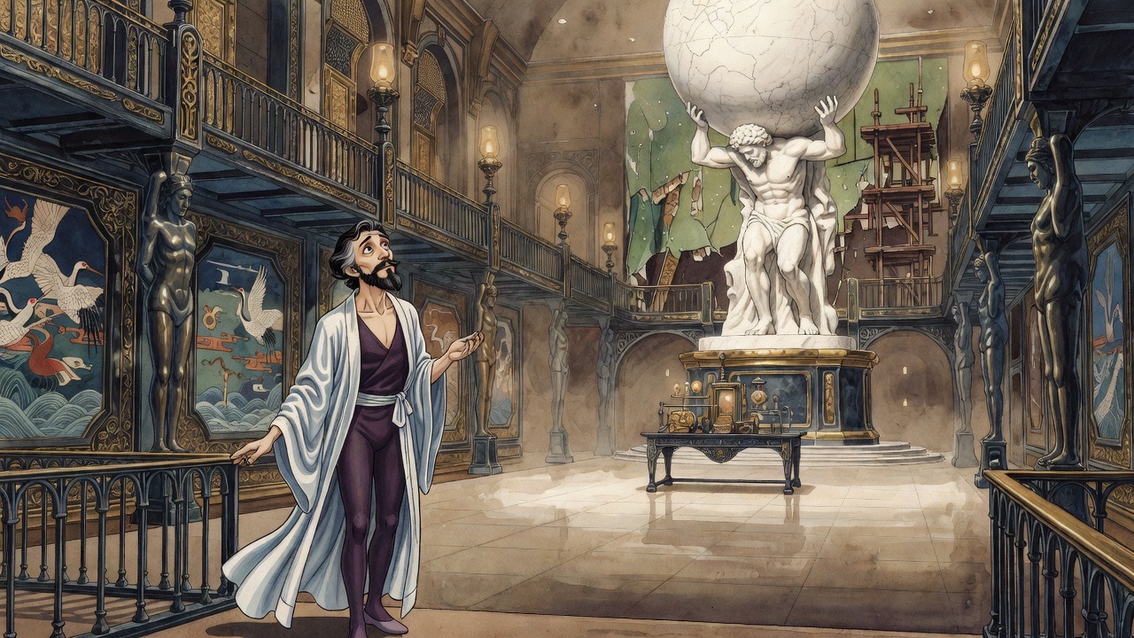 A vast, richly decorated hall dominated by a gigantic brilliantly lit white marble Atlas bearing a globe, with a tiny figure on the gallery.