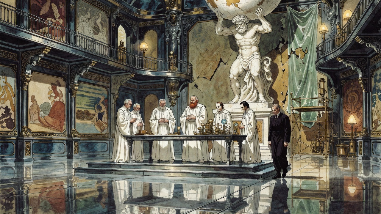 Seven men in long white robes stand around a table on a metal dais, all gazing steadily toward the viewer.