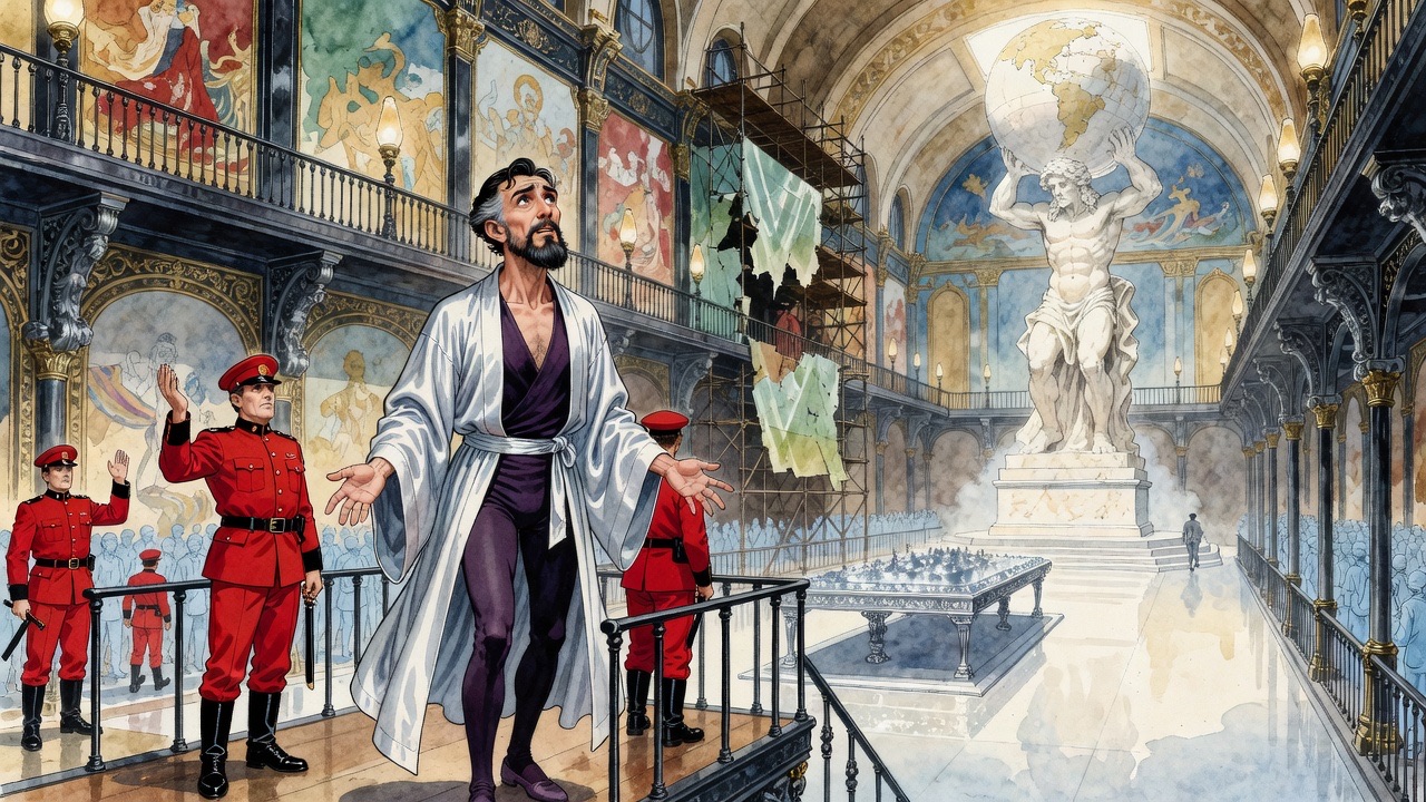 A man in a red uniform steps in front of a bearded man on an iron gallery, blocking his way.