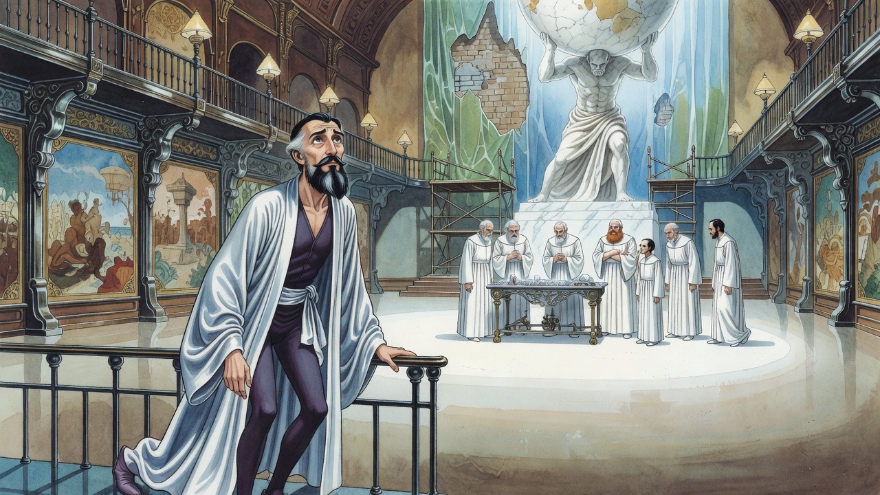 Seen from behind, a lone figure grips the gallery rail and stares across a vast hall at distant men in white whispering together.