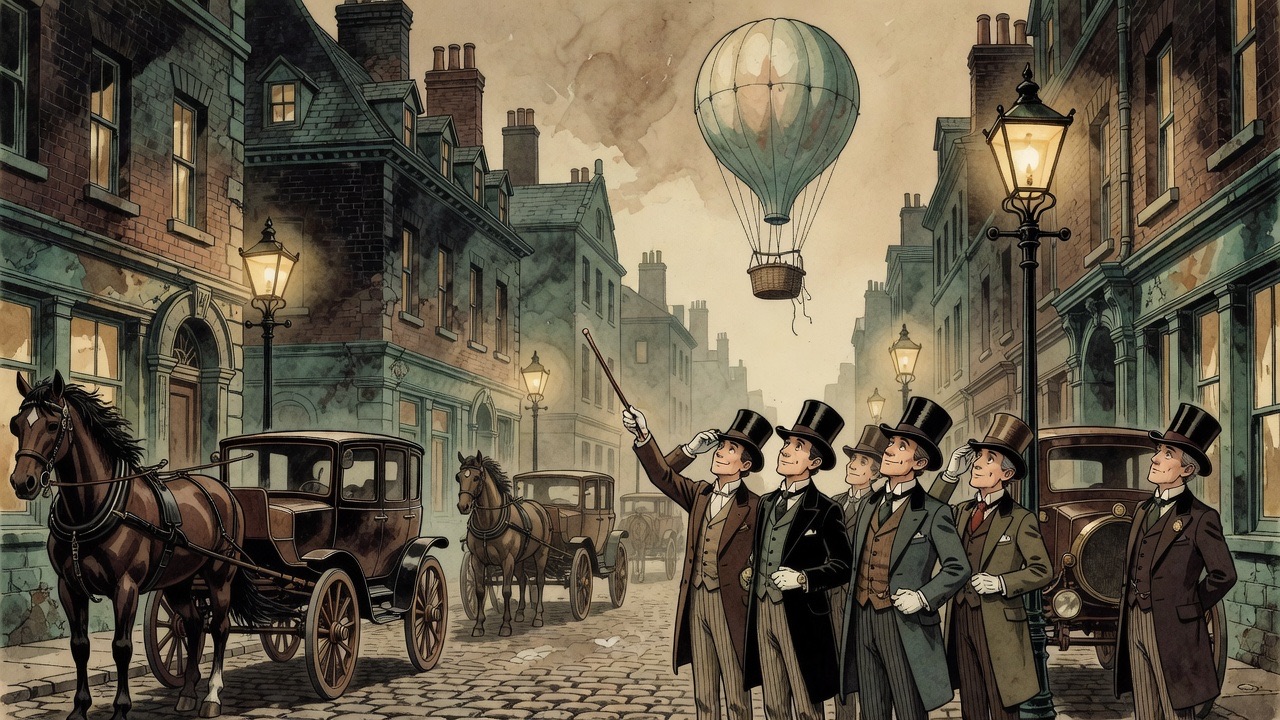 An imagined Victorian street scene in which a group of gentlemen stand staring up at a balloon floating into view.