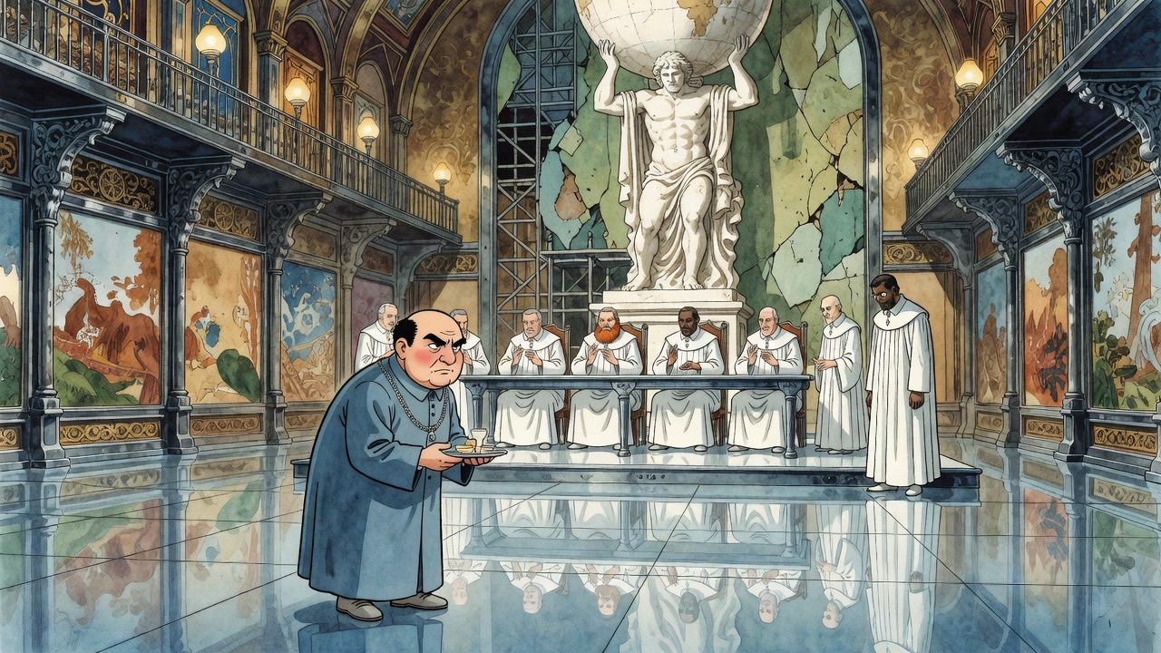 A stout official crosses the vast polished floor and bows with ceremonial gestures before men in white on a dais.