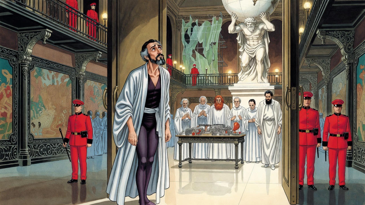 Glancing back through a closing door, a man sees the white-robed council still standing in a close group, watching him.