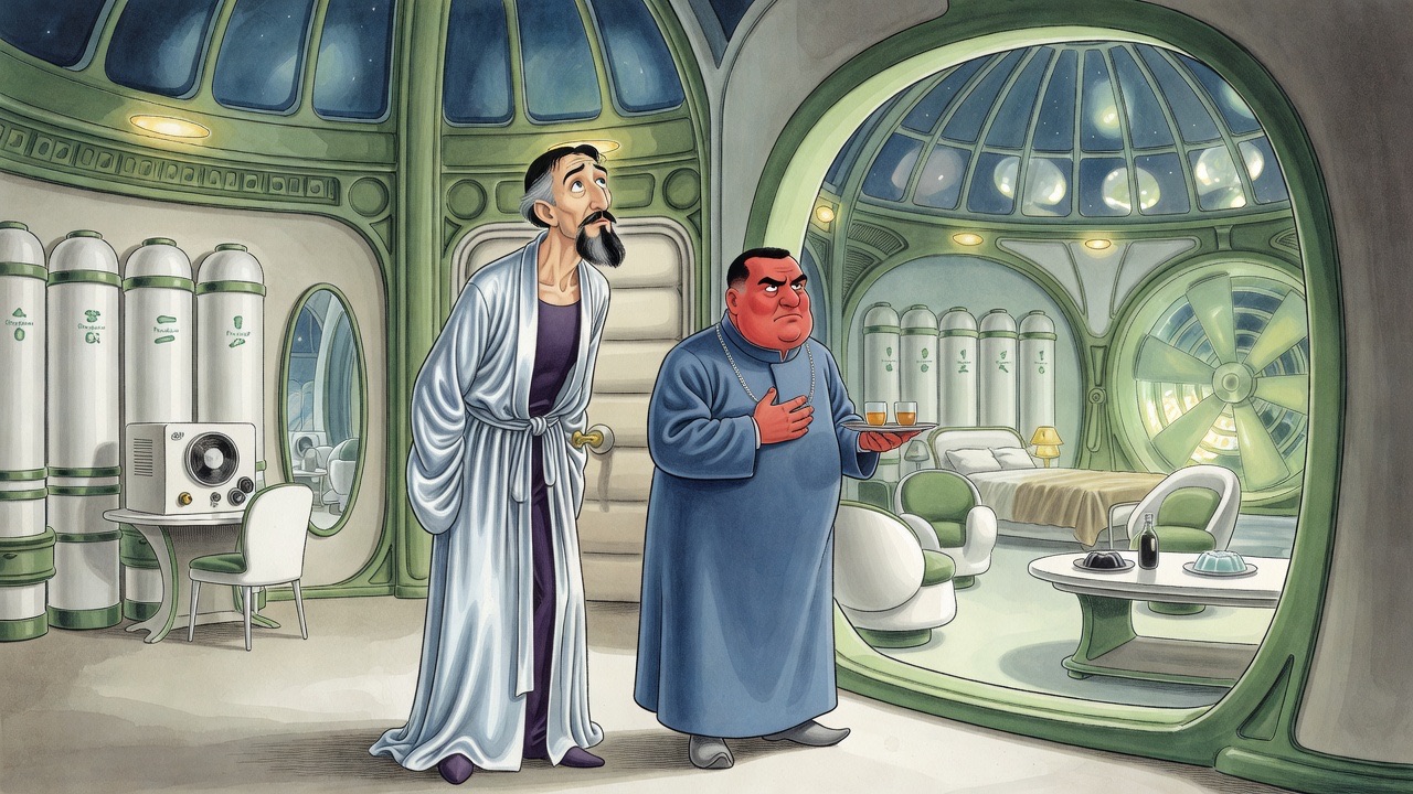 In a quiet white-and-green chamber, a stout official blows out his cheeks with relief while the bearded man watches him.