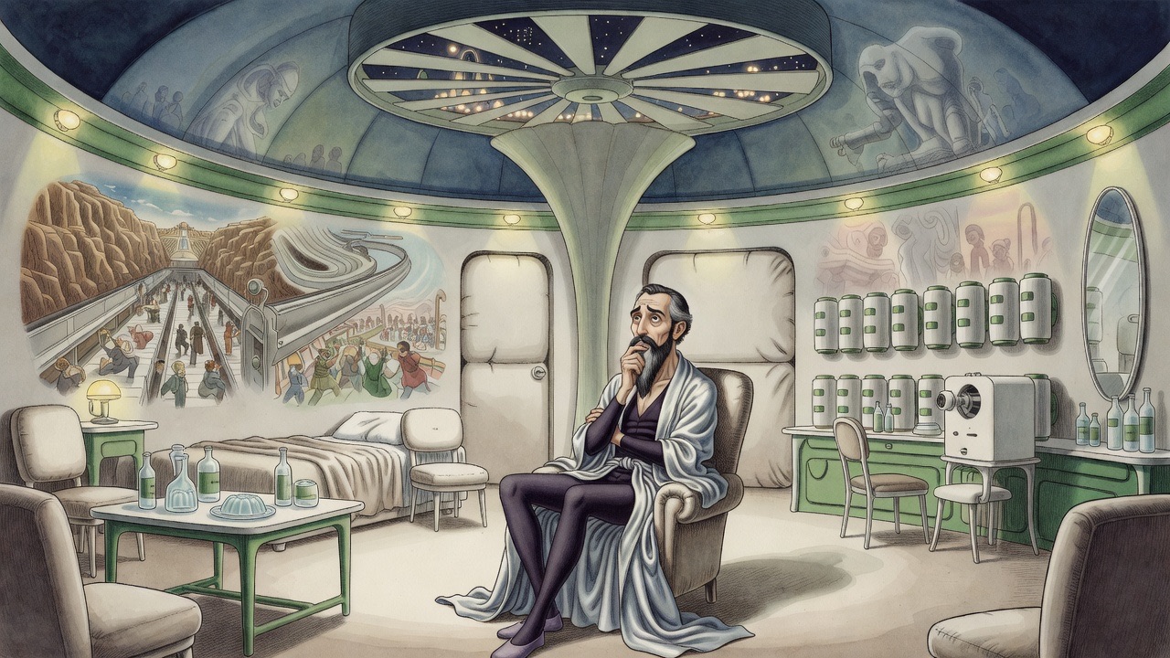 Alone in the chamber, a man sits with folded arms and knitted brow, biting his fingernails near a sealed padded door.