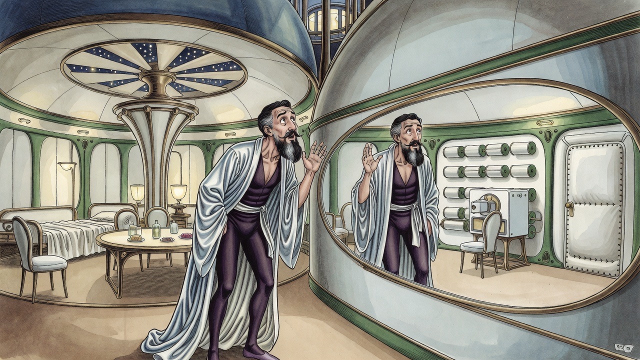 In a long oval mirror, a man sees his reflection in purple and bluish-white with a grey-shot pointed beard, and does not recognise himself.