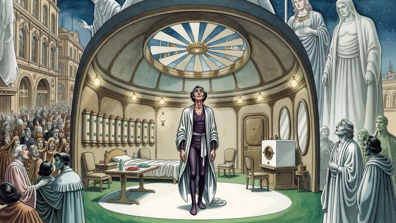 From high overhead, a small lone figure stands in a white-and-green room while vast ghostly façades, crowds and the remote Council loom around him.