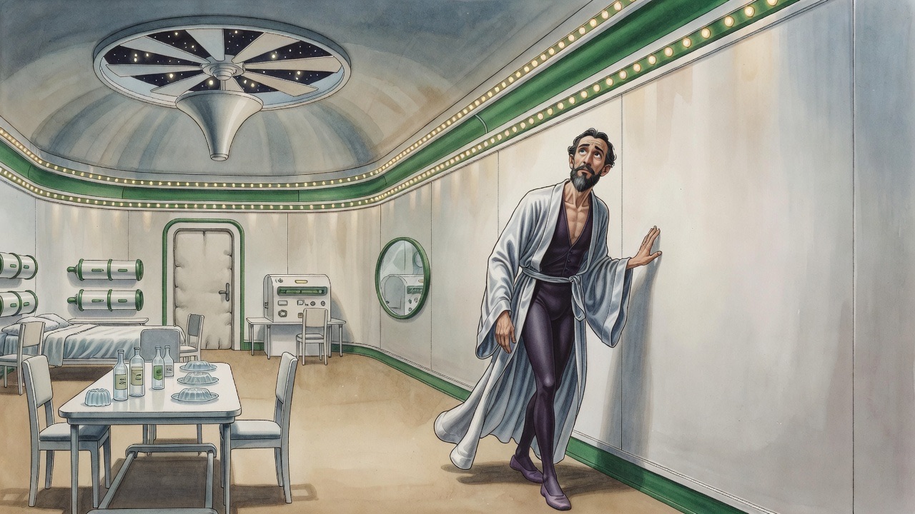 A man runs his hand along a smooth windowless wall beneath a row of tiny glowing cornice lamps.