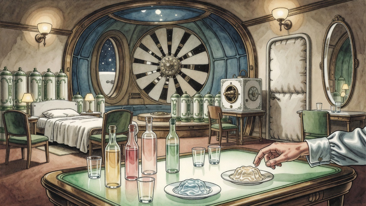 Still life of a light table on runners holding bottles of coloured fluids, glasses and two plates of clear jelly.