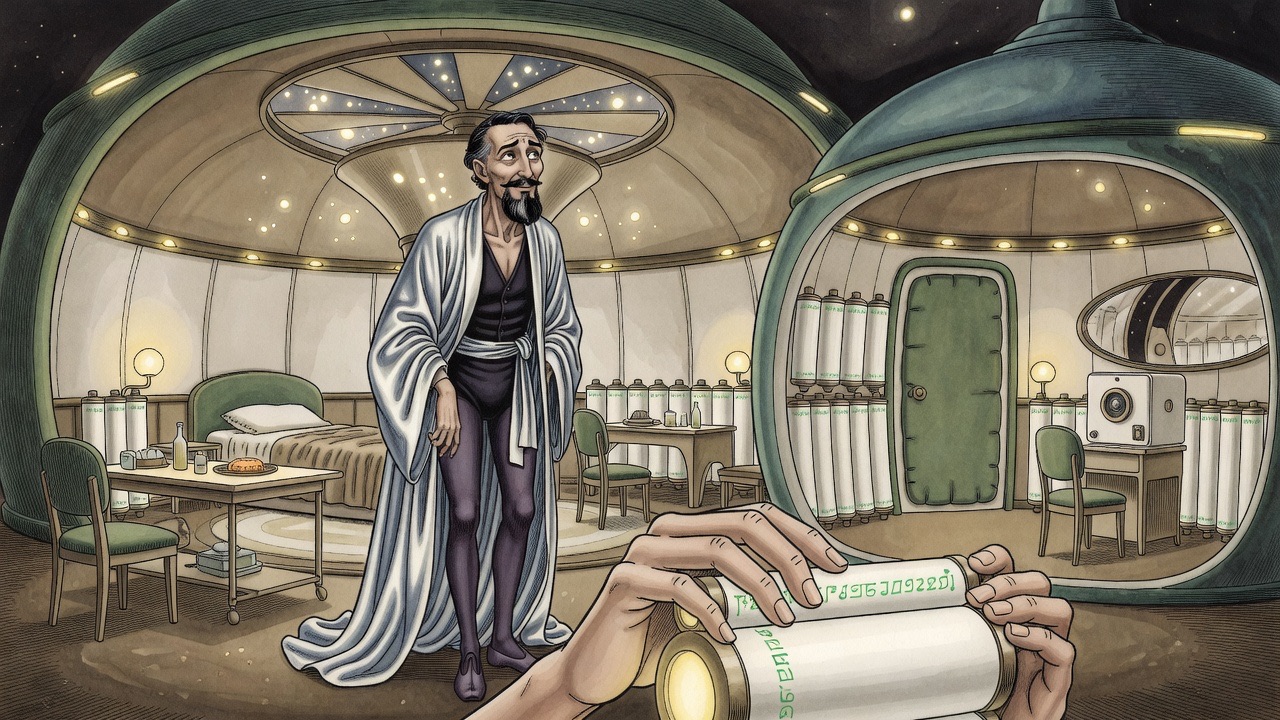 Close on a man's hands turning a white double cylinder marked with unreadable green glyphs, his face squinting above it.