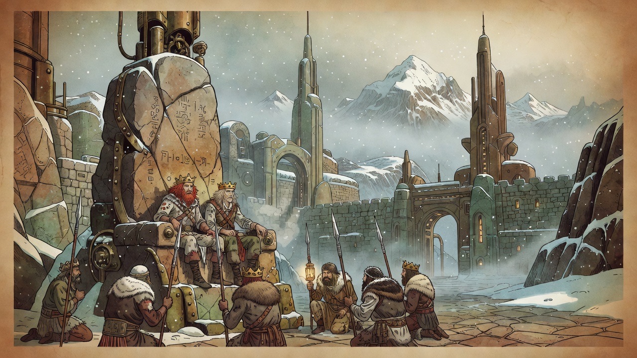 An imagined vignette: two ragged adventurers crowned on a barbaric throne among mountains, a story remembered from long ago.