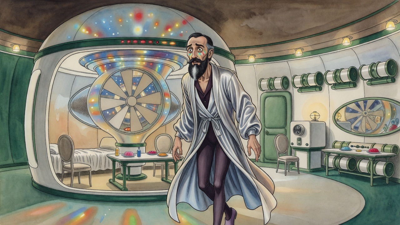 A man steps back in surprise as the blank face of the apparatus blooms with shifting colours.