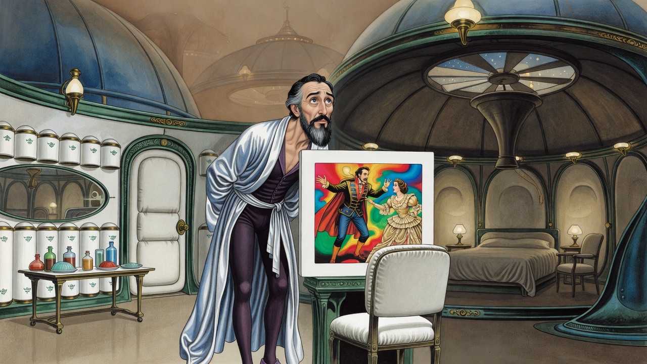 Over a man's shoulder, a small vivid moving picture shows a man pacing and gesturing angrily at a petulant woman.