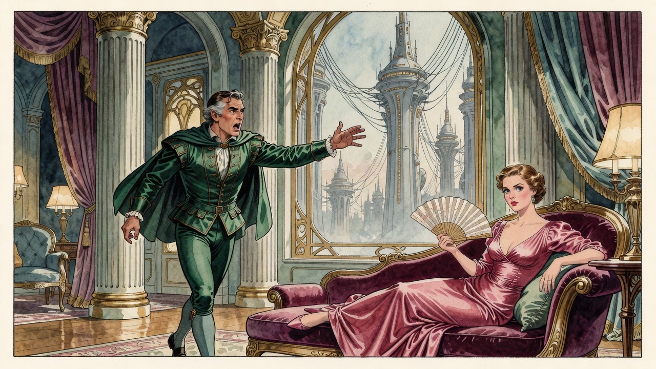 A latter-day drama: a man in a doublet and cloak gestures angrily at a sulking woman in a clinging gown inside a luxurious apartment.
