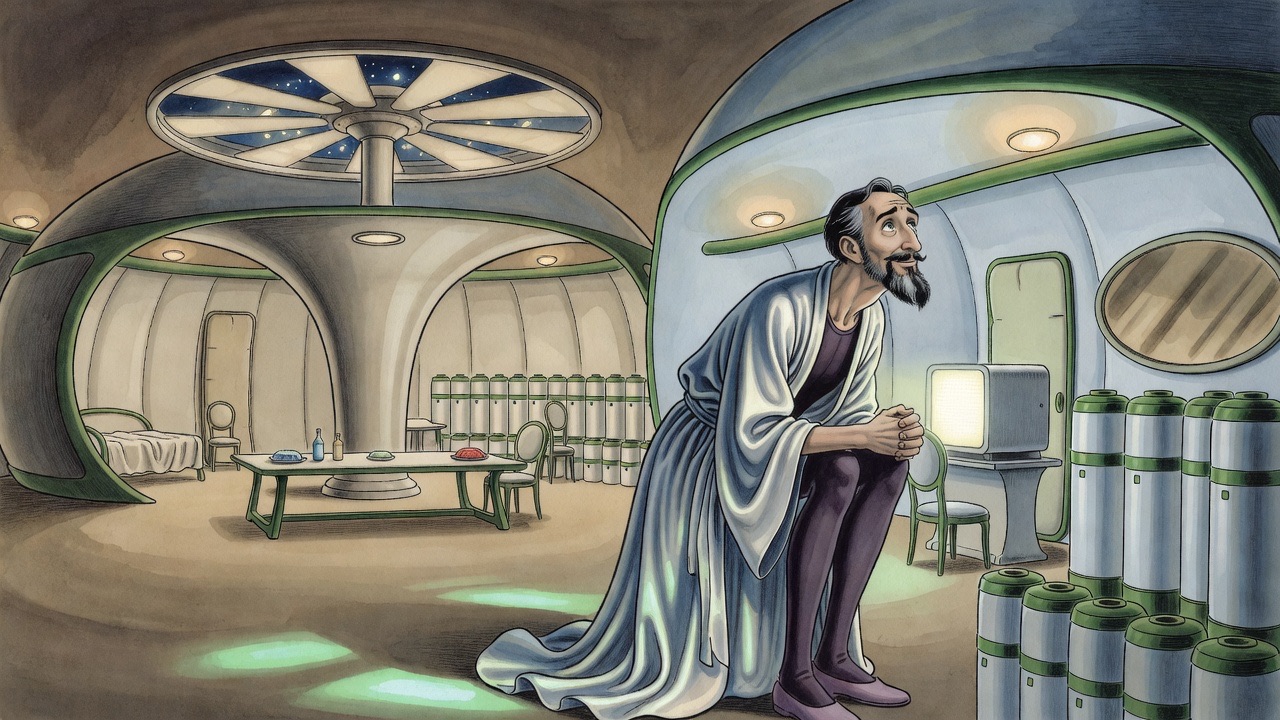 A man sits forward in a chair before the glowing apparatus, utterly absorbed.