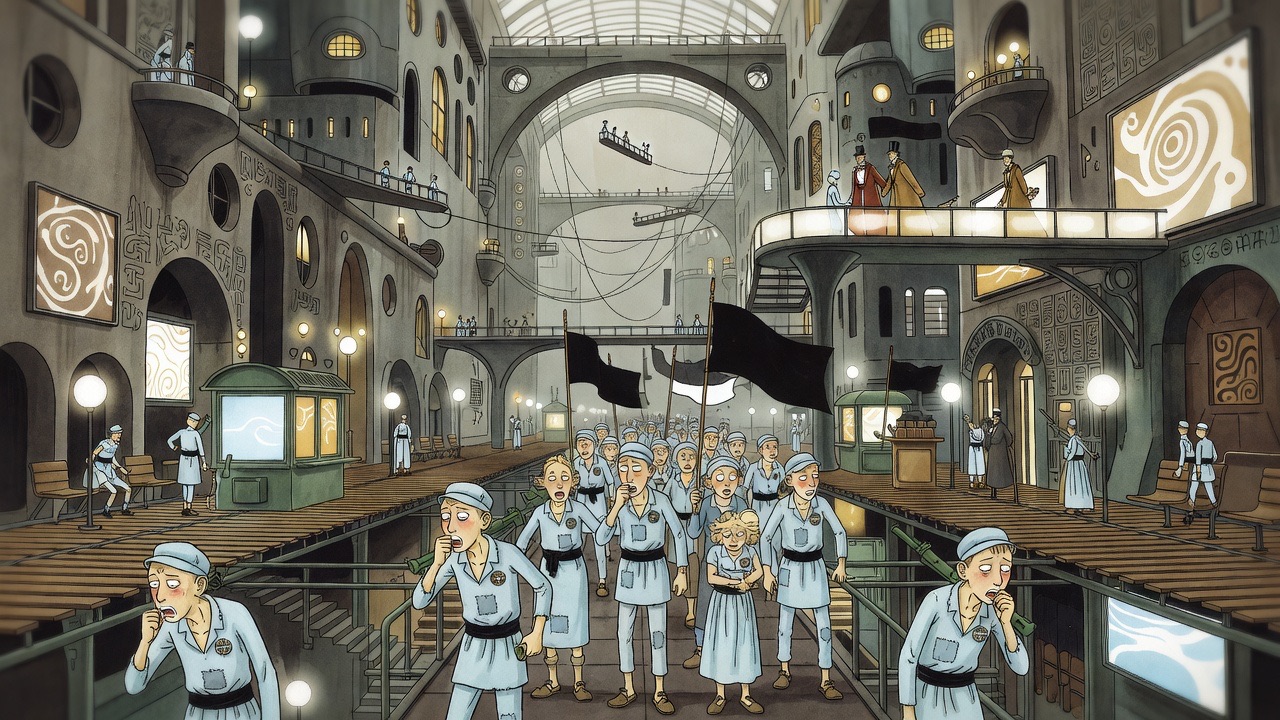 A vision from the drama: dense crowds of poor, pale workers in blue canvas trudging through the city ways.