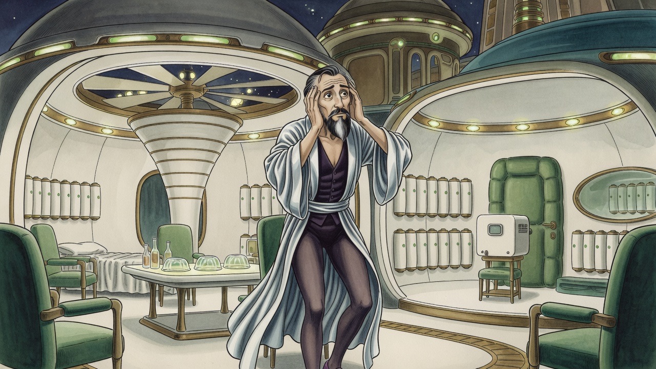 A man rubs his eyes as he returns to himself in the little green and white room.