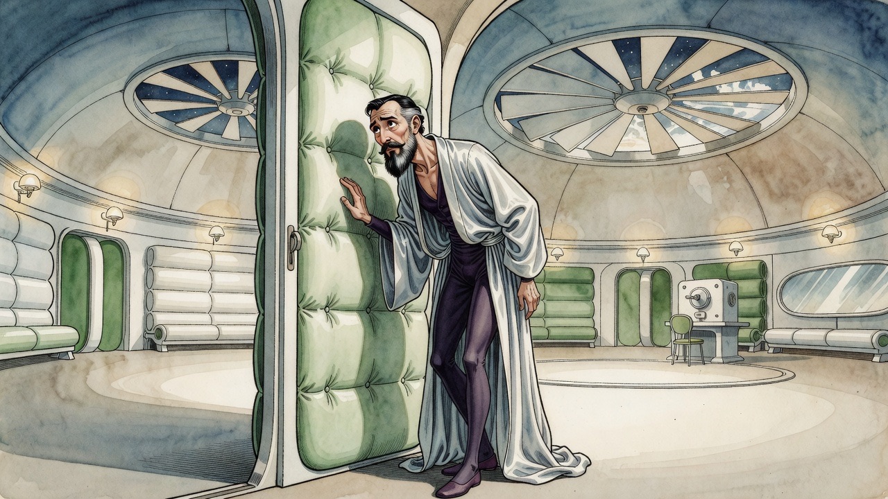 A man presses both palms against a padded door that has no handle or bell.