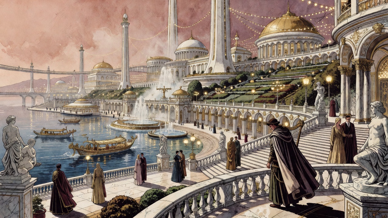 A vision of a glittering pleasure city of white towers and gold domes on a warm shore, with a knight-like traveller arriving.