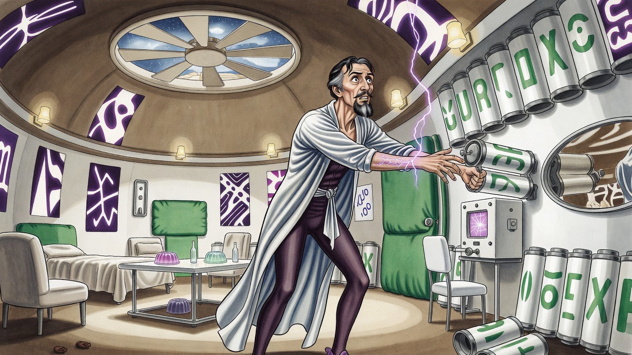 A man wrenches at the apparatus and a violet spark stings his arm, convulsing it.