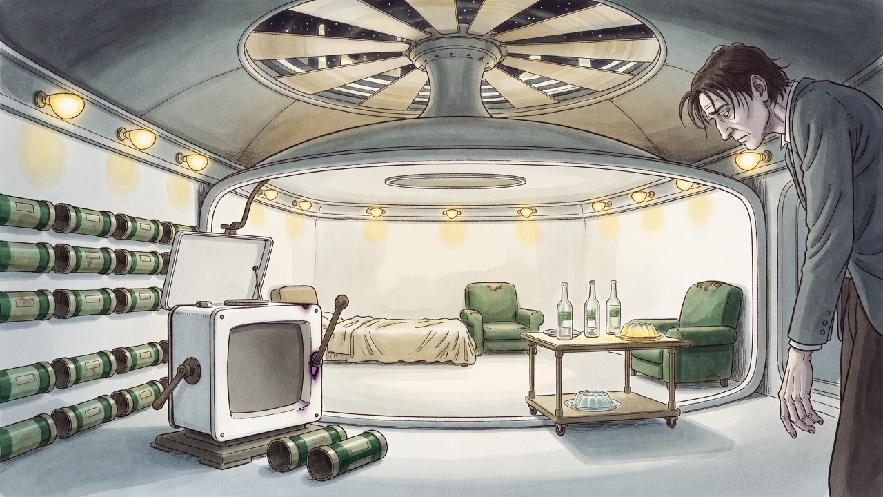 The dead apparatus sits dark and silent, a pair of cylinders lying uselessly beside it.