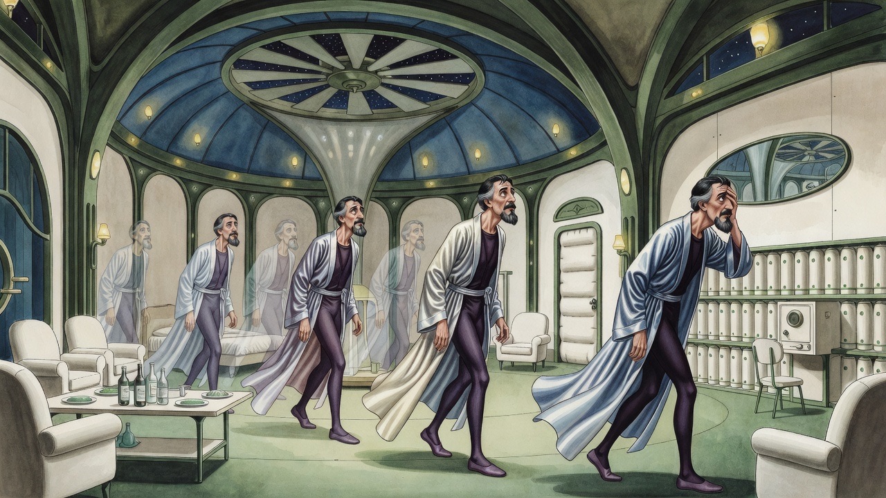 Multiple ghosted images of a man pacing a diagonal path across the room.