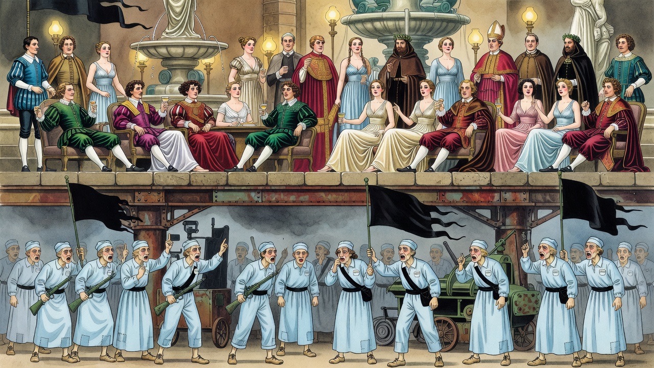 An imagined split vision: languid rich revellers above, starving blue-clad workers below.