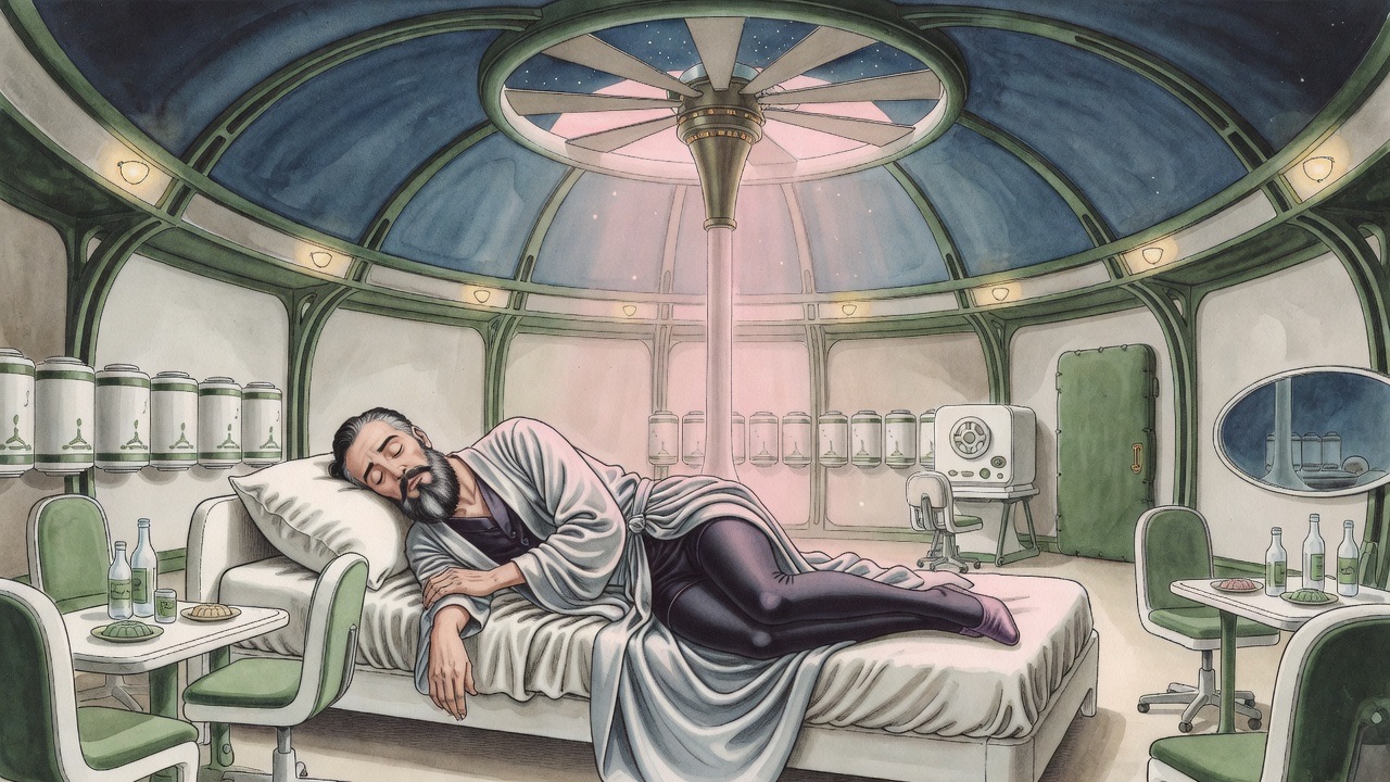 A man lies asleep on a simple bed beneath a ventilator showing pink dawn sky.