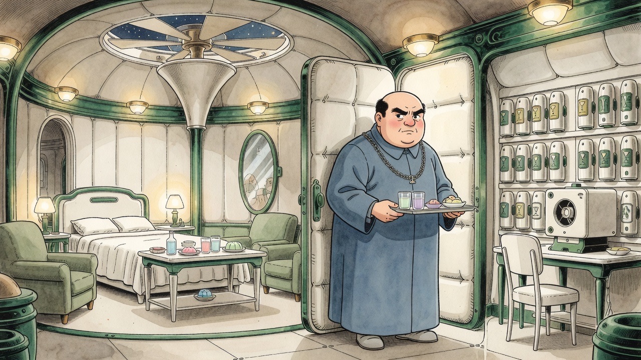 The stout official enters carefully with a small tray of glasses and dishes, closing the padded door behind him.