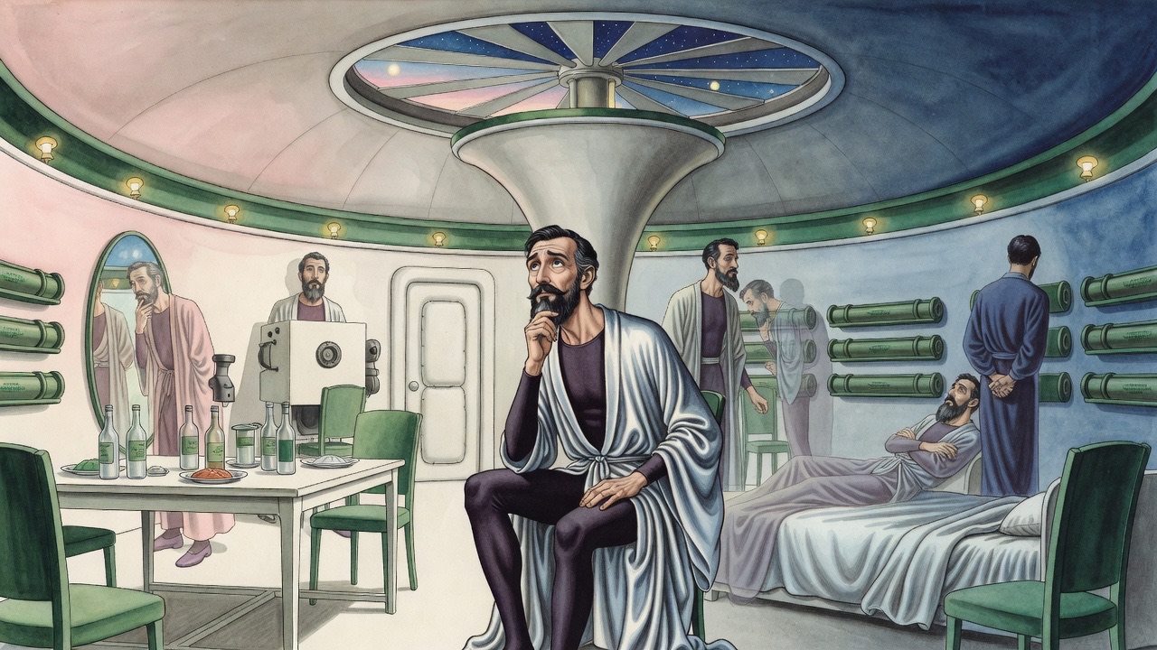 A man sits deep in thought as ghostly overlapping versions of himself in other poses mark the passing days.
