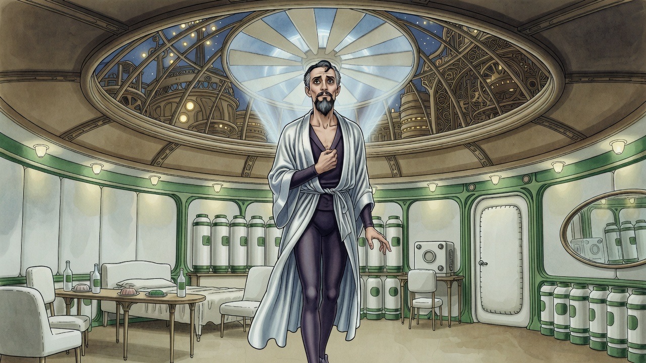 From below, the bearded man stands upright with a fist to his chest, vigorous and defiant.