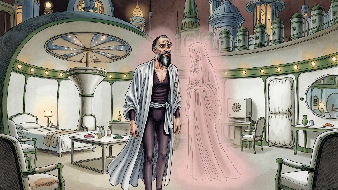 A faint, fully robed woman's silhouette glows in the haze beside the man's head as his expression hardens into anger.