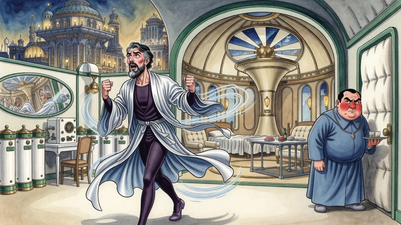 The bearded man rages across the room with clenched fists raised while the stout official edges toward the door.