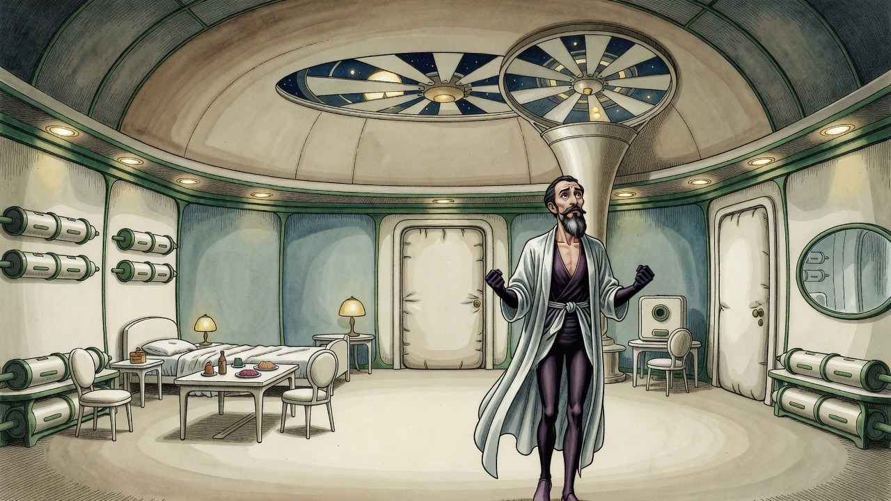 The padded door has just closed; the bearded man stands rigid in the empty room with clenched fists half raised.