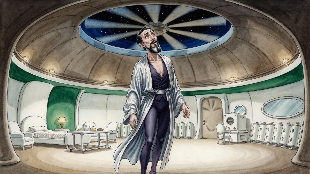 A bearded man in a pale satin robe stands beneath a spinning fan set in a domed ceiling, looking up at flickers of night sky.