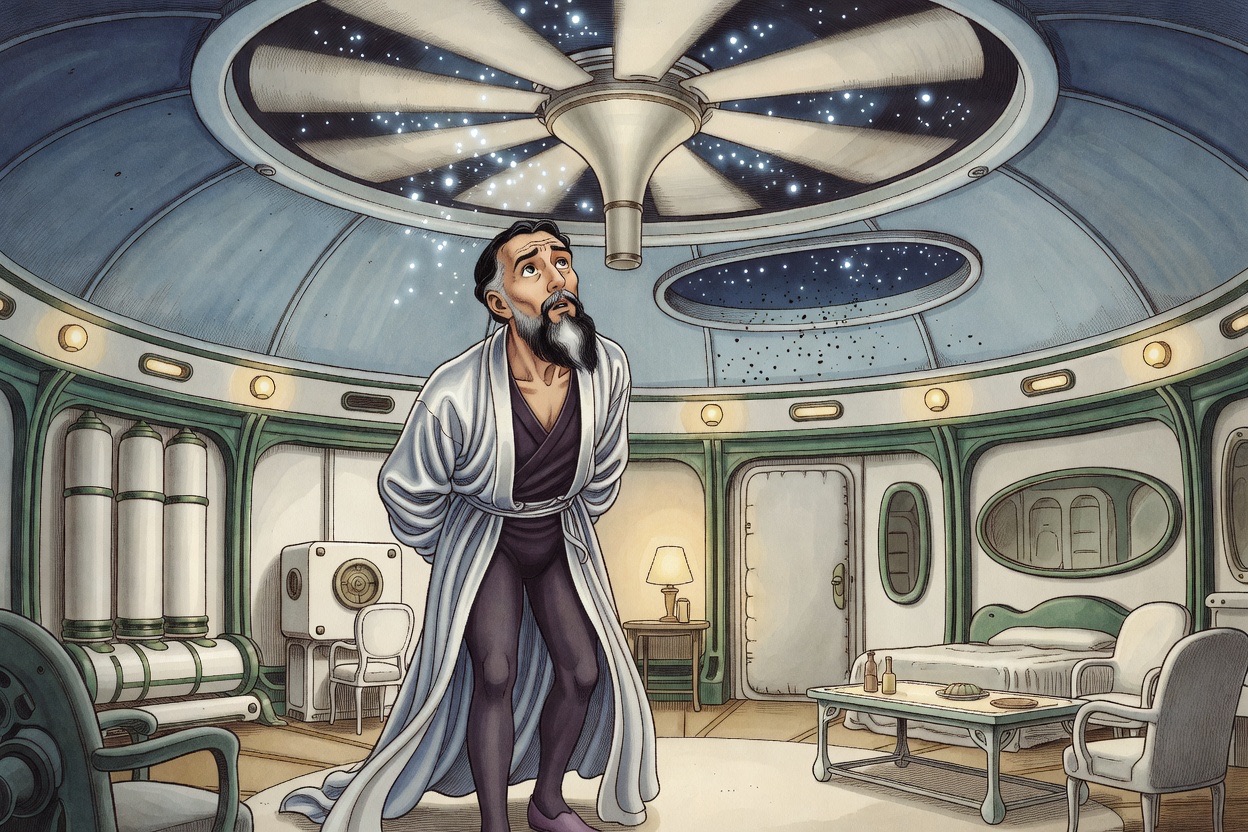 A bearded man gazes up in wonder as snowflakes flash white and swirl in the draught of a fan above him.