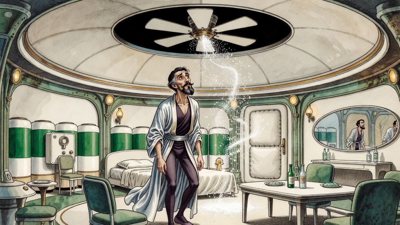 Snowflakes gust into a warm domed room through a stopped fan while a bearded man stands below looking up.
