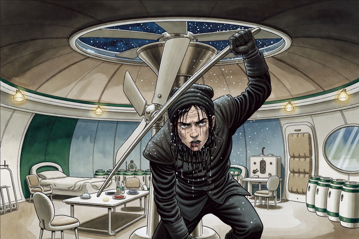 A young man's head hangs almost upside down through a ceiling opening, his dark hair wet with snow.
