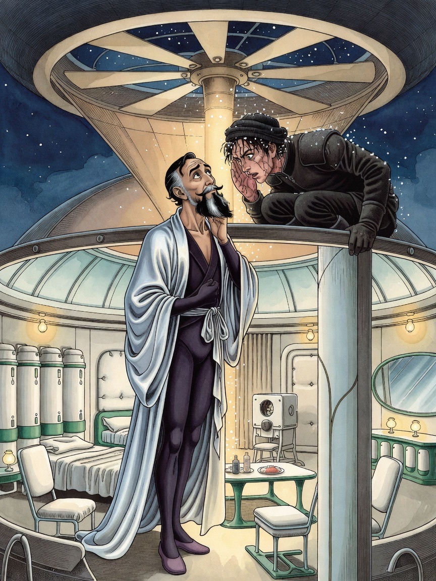 A bearded man below looks up at a young man leaning head-first out of the ceiling, the two in tense conversation.