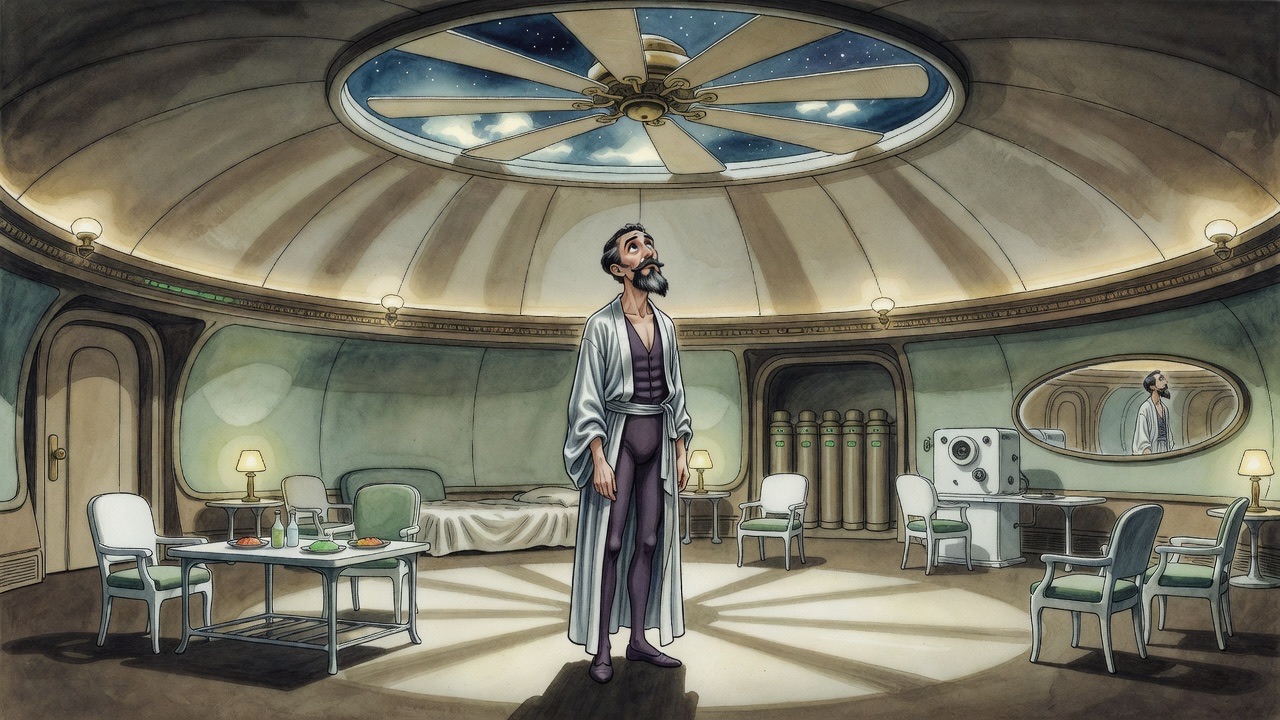 A lone bearded man stands motionless in a white and green room, staring up at a spinning ceiling fan.