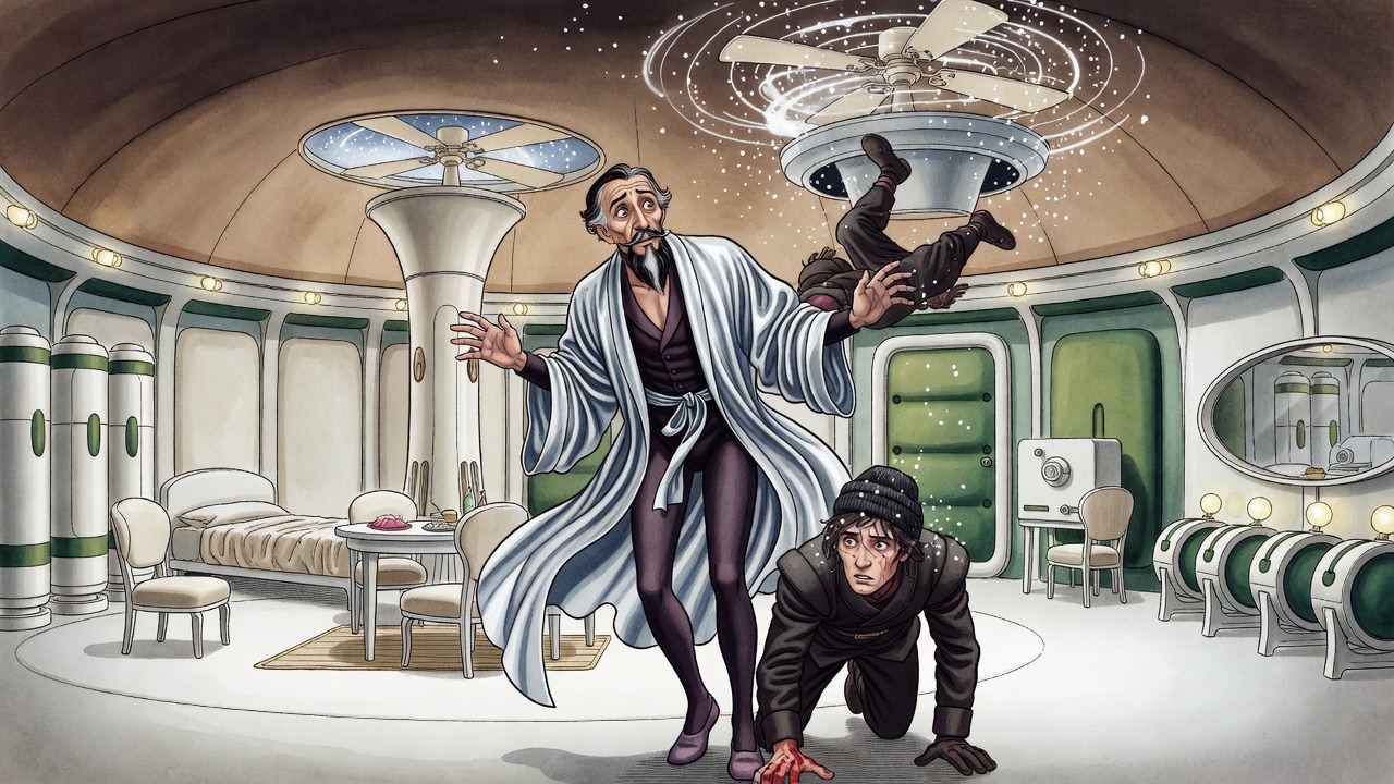 A young man with a bleeding hand drops heavily out of the ceiling onto the floor at the feet of a startled bearded man.