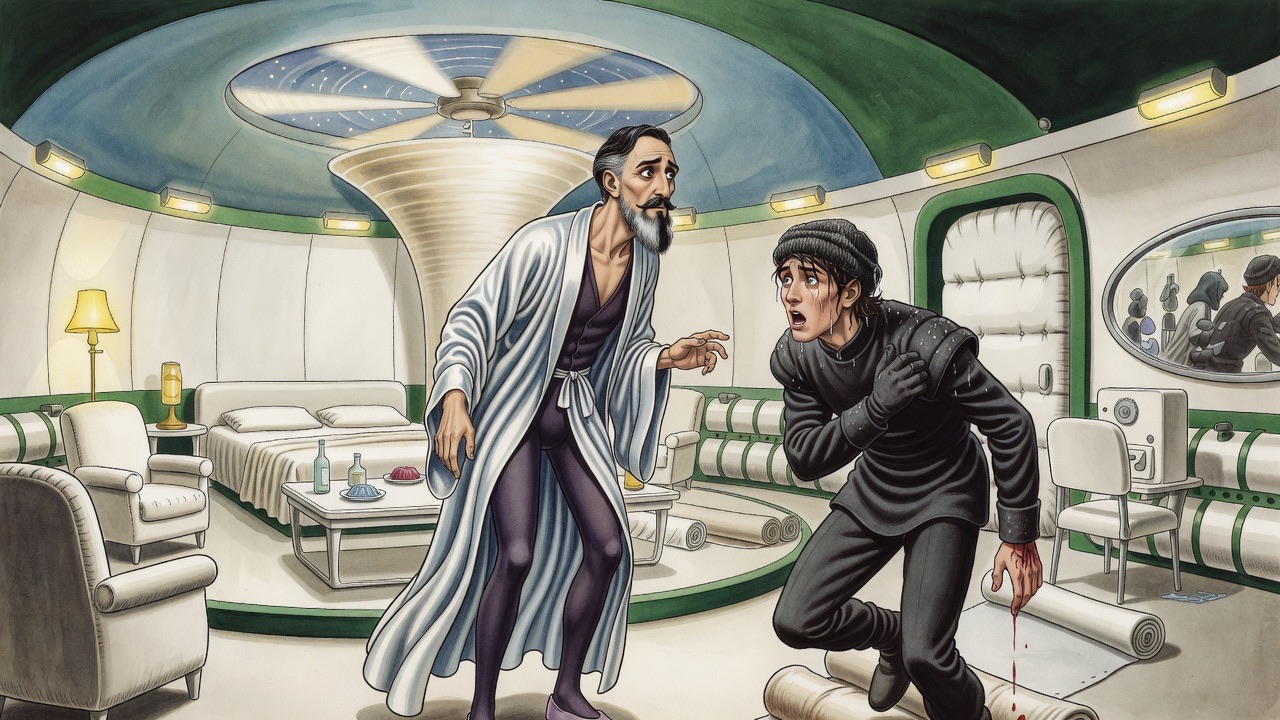 The young intruder stands panting with a hand pressed to his bruised shoulder, staring intently at the bearded man.