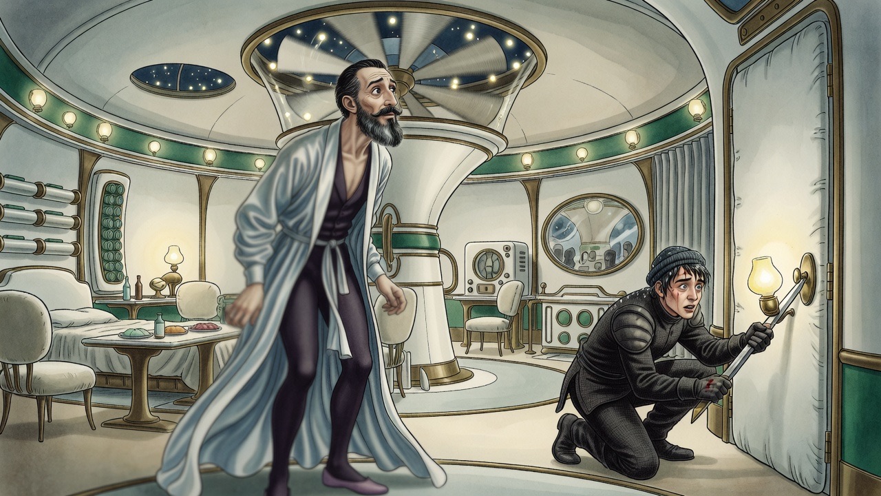 Over a bearded man's shoulder, the intruder hammers at the hinges of a padded door with a bright steel wedge.