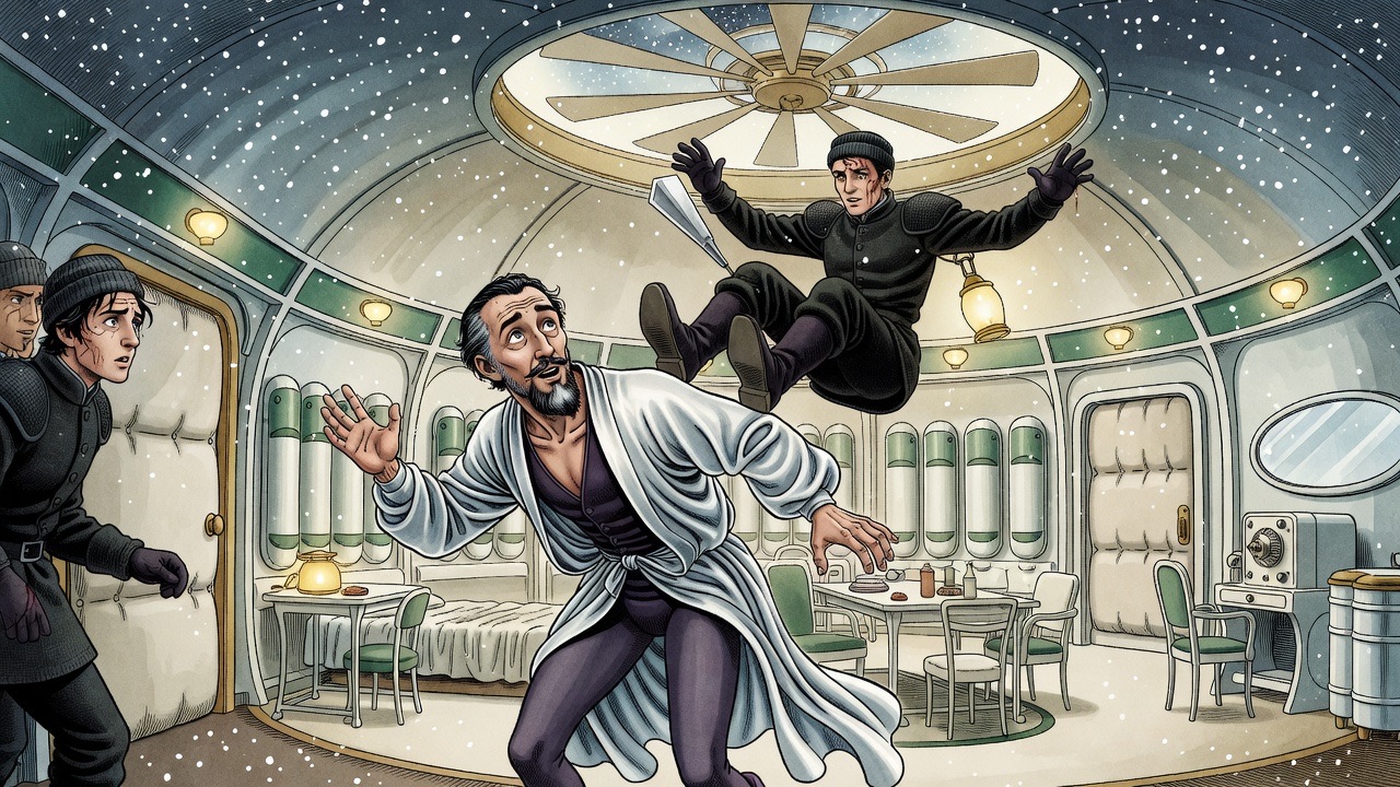 A bearded man ducks as a second man drops feet-first from the ceiling opening onto his shoulder.