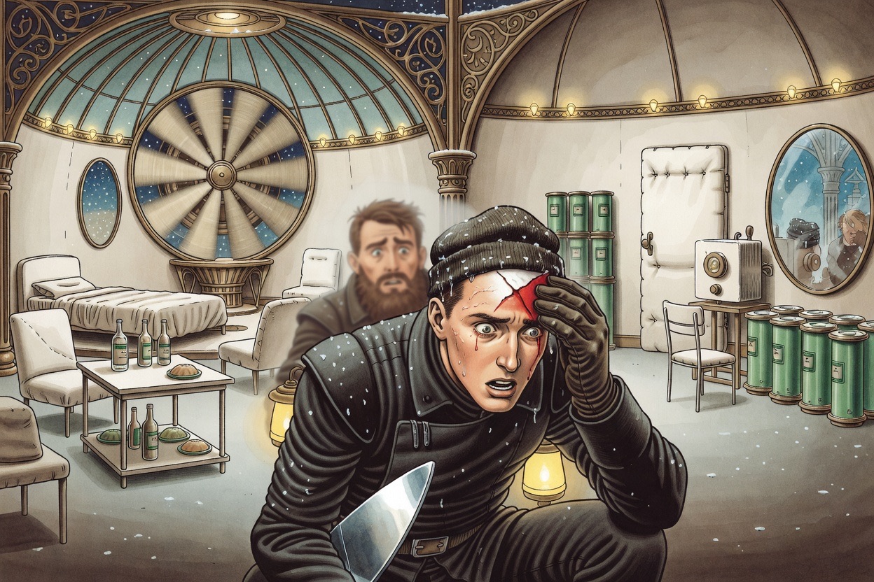 Close on a young man's earnest face, a fresh cut on his forehead just beginning to bleed.