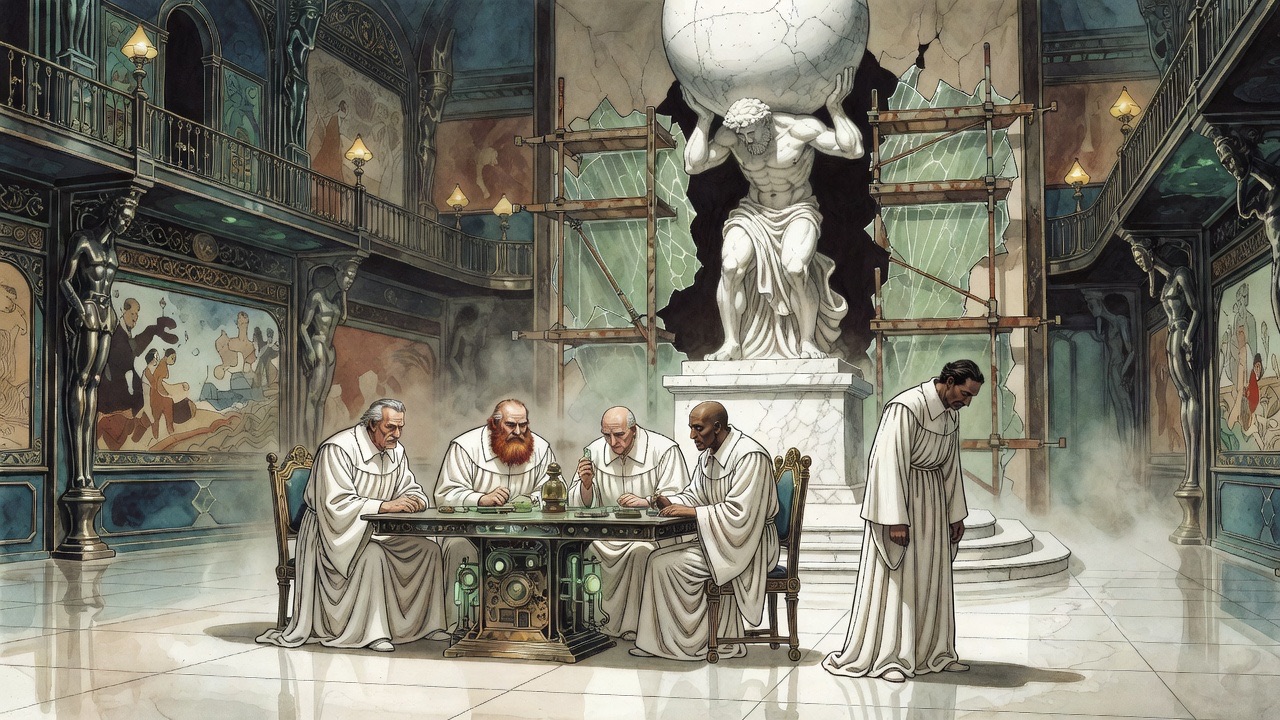 Imagined scene: white-robed councillors around a table beneath a giant statue decide the Sleeper's fate.